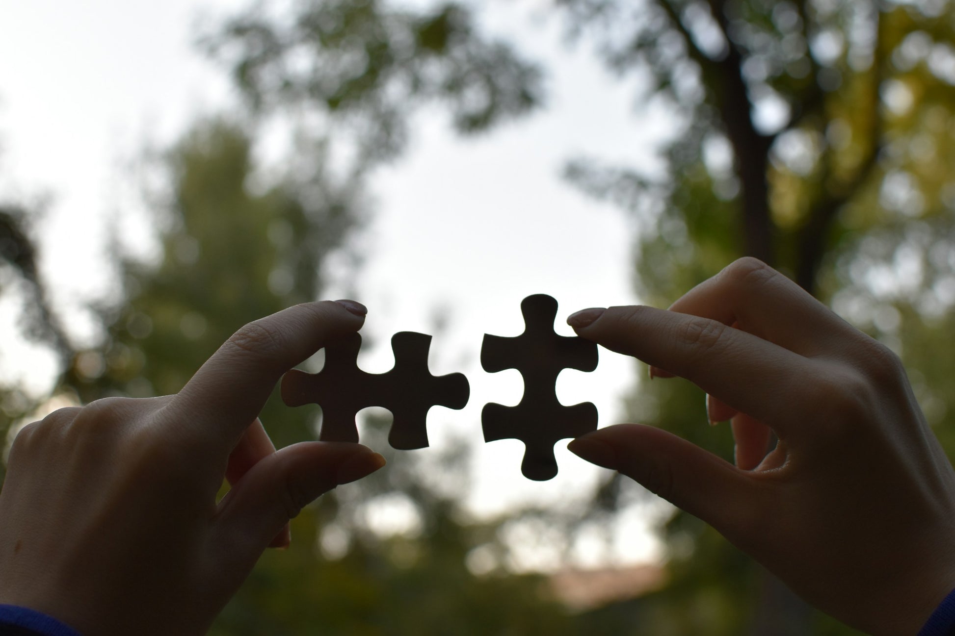 Hands holding two jigsaw puzzle pieces mid-assembly [unsplash:JzE1dHEaAew]